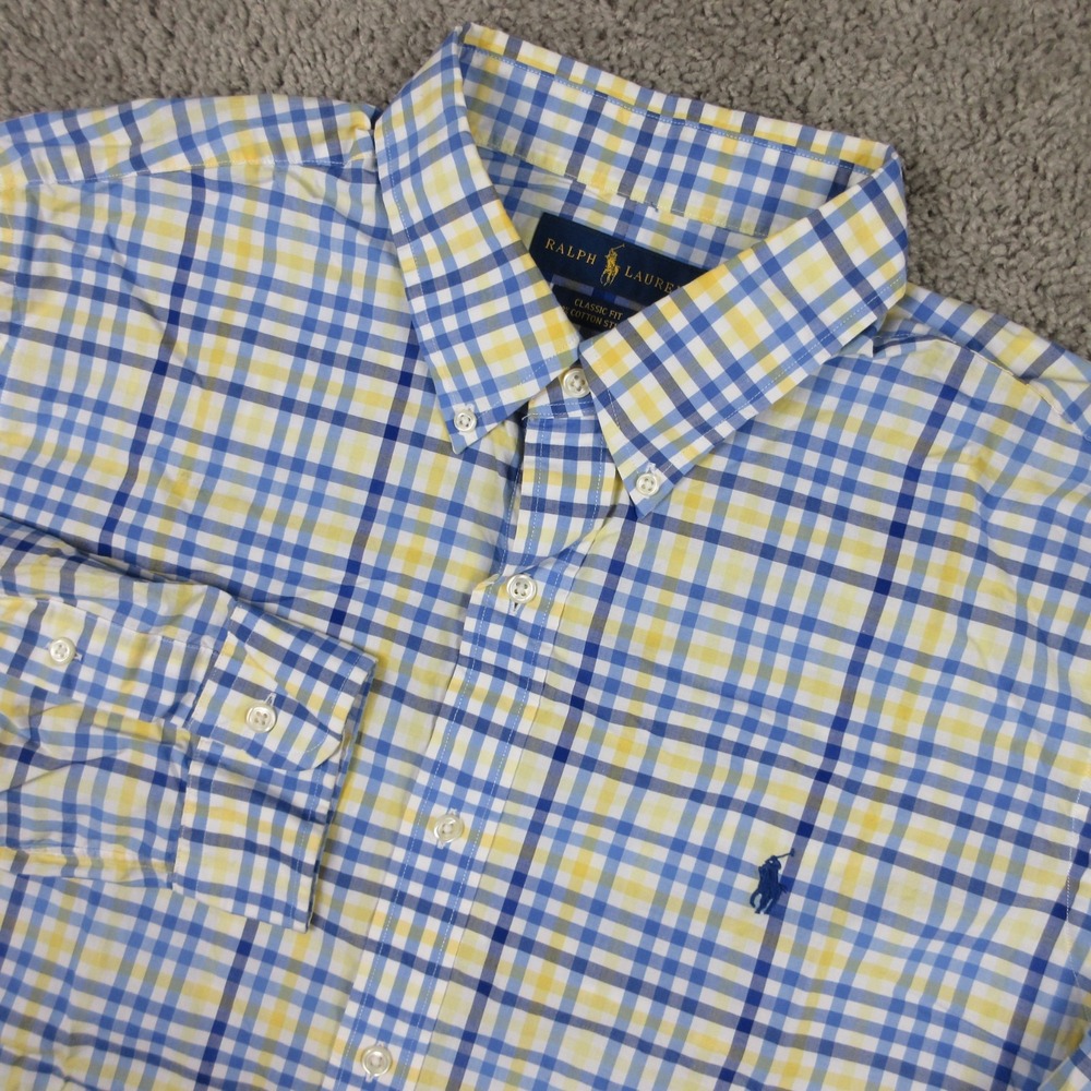 Polo Ralph Lauren Shirt Mens XL Blue Yellow Check Classic Fit Cotton Button Up